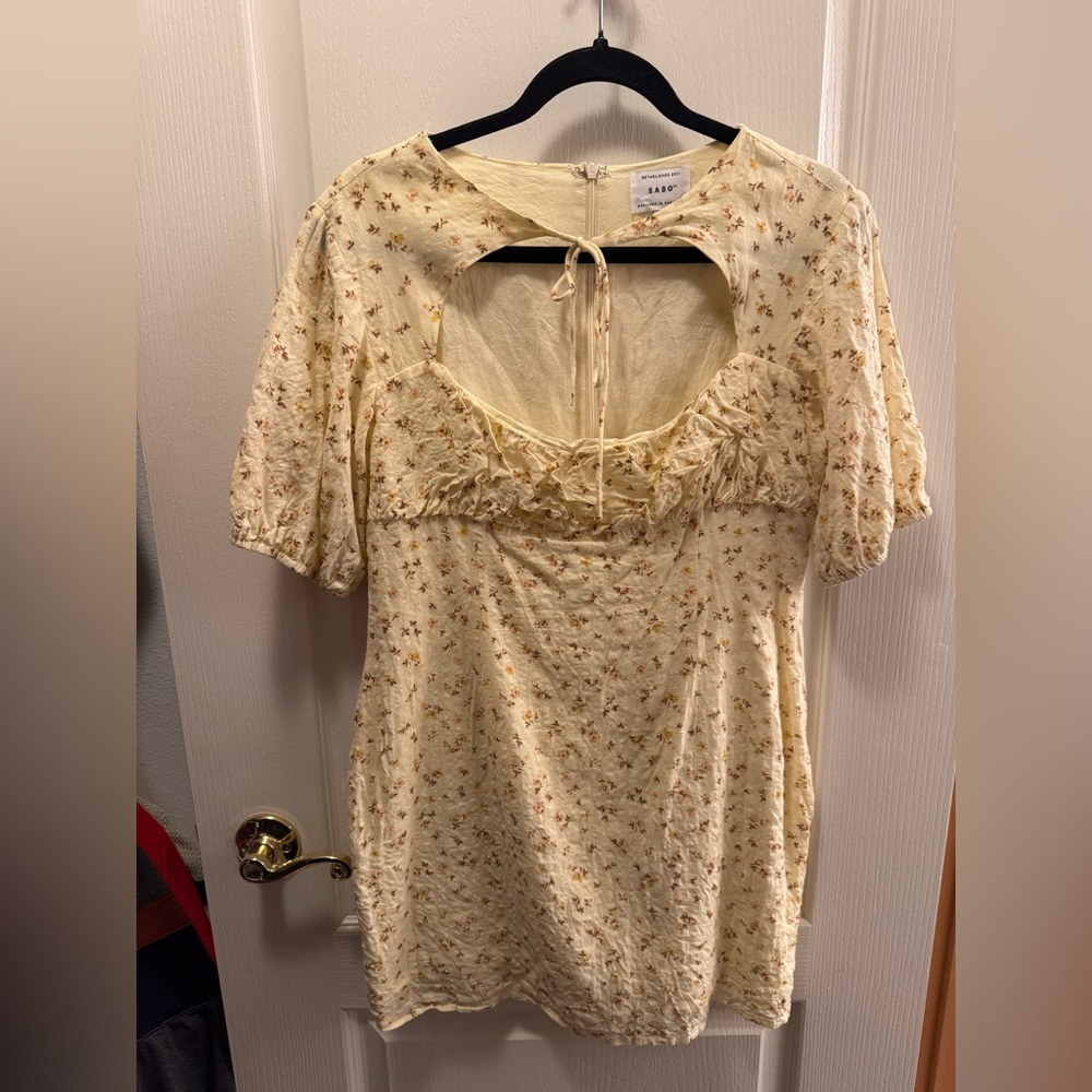 Sabo Skirt Tie-Neck Puff Sleeve Dress in Cream